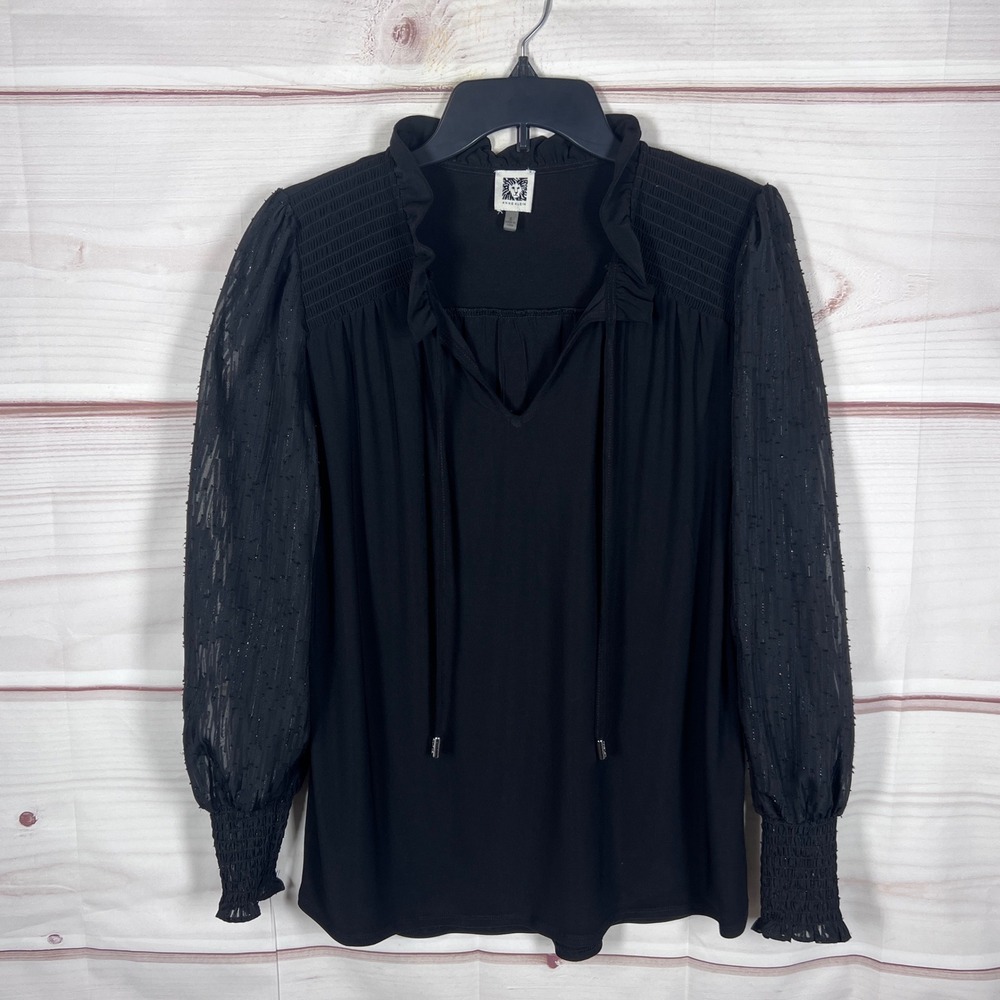 Anne Klein Blouse Womens Small Black Ruffle Neck Sheer Sleeve Peasant Top Knit